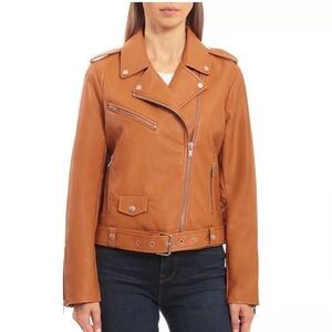 Avec Les Filles Tan Vegan Leather Belted Moto Jacket